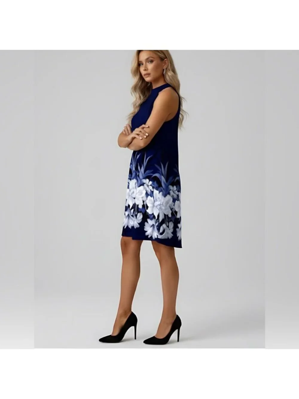 Boho Floral Print A-Line Halterneck Dress Blue - Picture 3 of 9